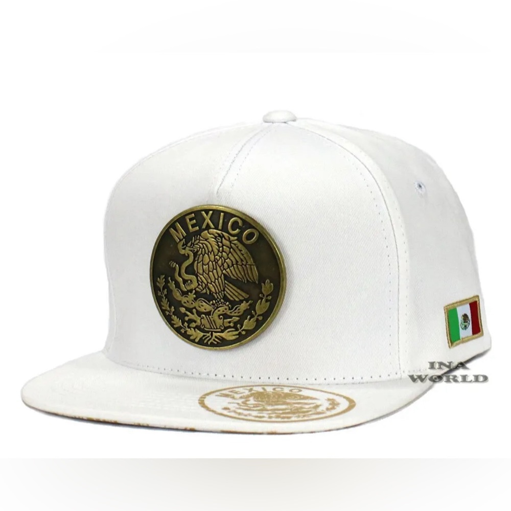 Mexican Hat Mexico Metallic Brass Eagle Logo Snapback Flat Bill Baseball Cap